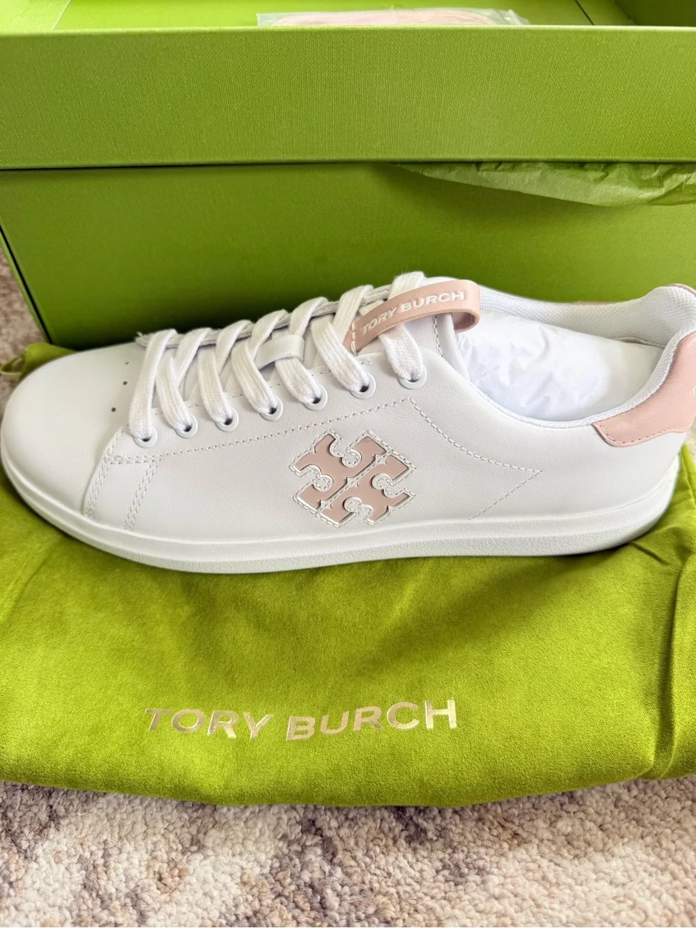 Tory Burch White Leather Sneakers with Pale Pink Trim